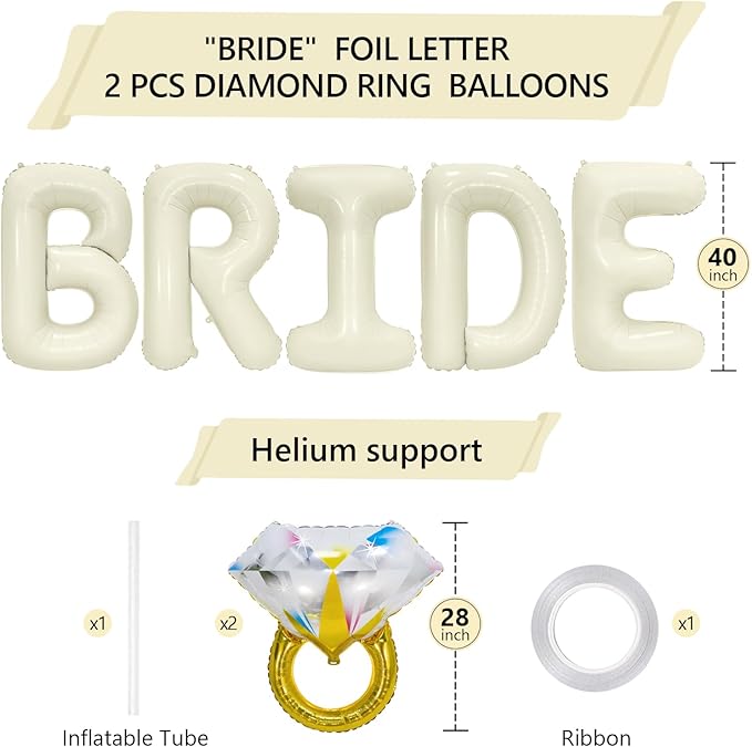 40 Inch Beige BRIDE Balloons Luxury Wedding Decor for Bridal Shower, Larger Cream White "BRIDE" Foil Letter with 2 Giant Diamond Ring Balloons, Bachelorette Engagement Wedding Party Favors