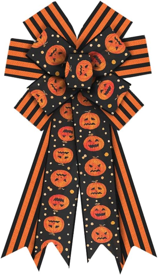 Large Halloween Wreath Bows Halloween Bows Orange Strips Pumpkins Spots Burlap Bows for Wreaths, Halloween Ribbon Bows Tree Topper Bows for Home Indoor Outdoor Decoration Wreath Ornament Supplies