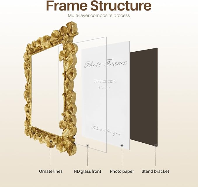 Cuspin Gold 8x10 Picture Frame, Vintage Ornate Picture Frames Leaf Textured Hand-Crafted Resin with Glass Front, Antique Photo Frame for Tabletop Display, Retro Design Home Decor