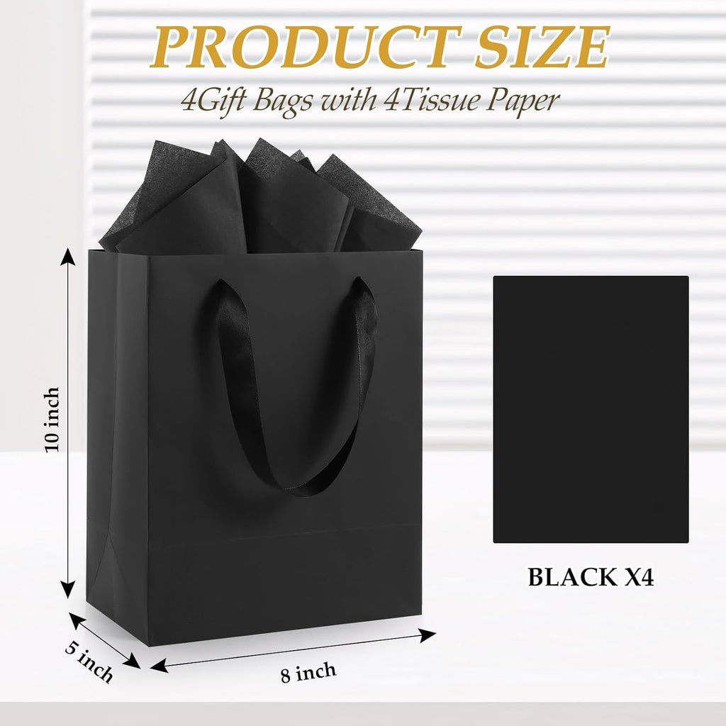 Epoesch Black Small Gift Bags with Handles and Tissue Paper, 8x5x10 Inch 4 Pack Paper Bags for Men, Women, Birthdays Party, Baby Showers, Weddings, Father's Day, Anniversaries, Holidays (Black small - 4Pcs)