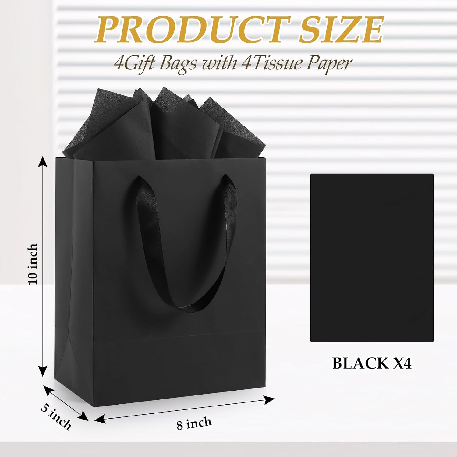 Epoesch Black Small Gift Bags with Handles and Tissue Paper, 8x5x10 Inch 4 Pack Paper Bags for Men, Women, Birthdays Party, Baby Showers, Weddings, Father's Day, Anniversaries, Holidays (Black small - 4Pcs)