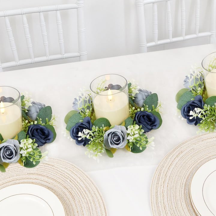 Blue Rose Candle Rings with Flameless Candles Sets - 4PCS Artificial Flower Eucalyptus Wedding Centerpiece 3 Inch Pillar Candleholders Wreaths for Wedding Party Decor (Blue - 2 Sets)