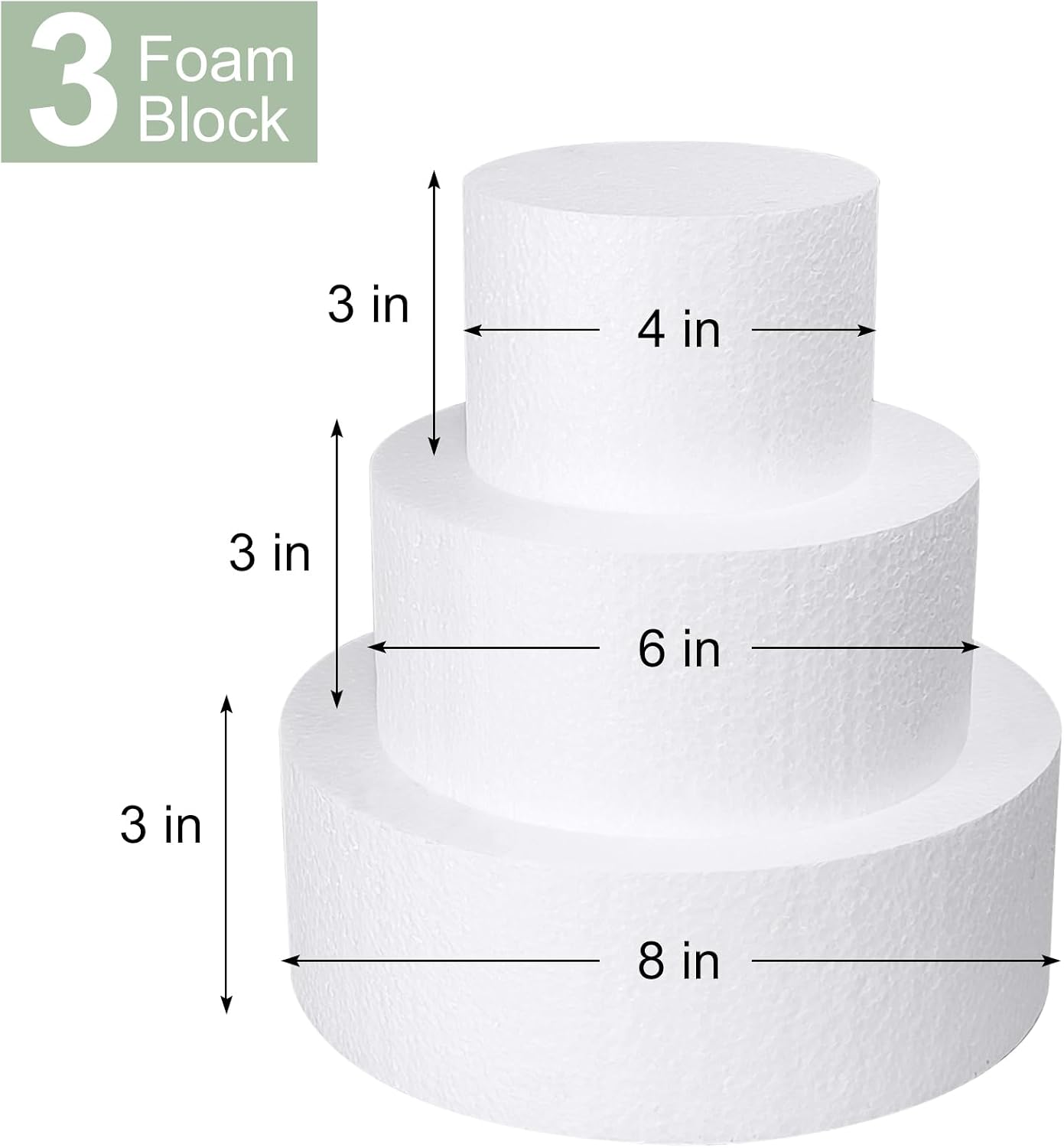 3 Tiers Foam Cake Dummies 4" 6" 8", White Dummy Cakes Styrofoam Sets, 9 Inch Tall Fake Cake, Dummy Cake for Wedding Cake Supplies Decorating Birthday Wedding Display