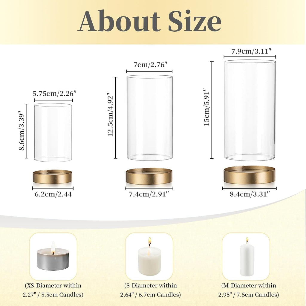 Hewory Hurricane Candle Holder for Pillar Candles: Gold Votive Candle Holders Set of 6, Glass Hurricane with Metal Candle Plate, Pillar Candle Holder for Table Centerpiece Wedding Holiday Home Decor