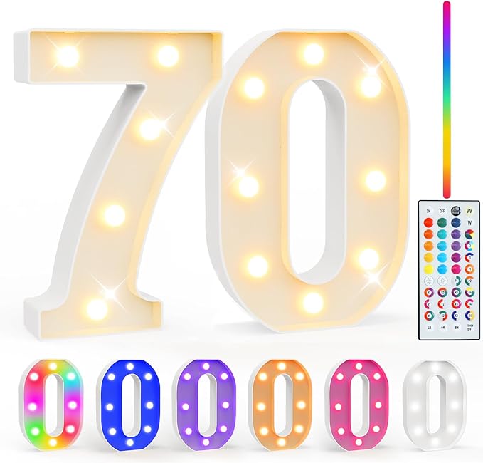 Pooqla 70th Birthday Decorations for Her Him, 35 Colors LED Light Up Numbers with Remote, Multicolor Marquee Numbers 70 Sign for Party Wedding Anniversary Decor 70th Birthday Gift, Number 70