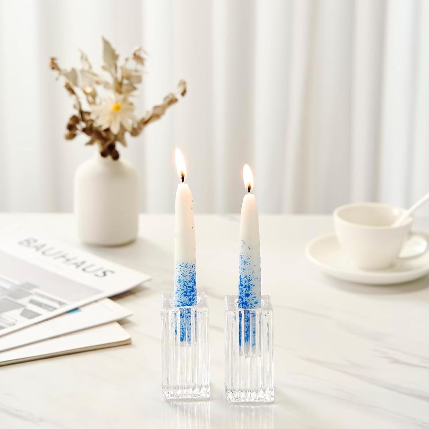 Rite Lite Blue & White Shabbat Candles Premium 12 Pack Traditional Dinner Table Jewish Household Shabbos Candles Religious Home Decor with Beautiful Gift Box & Artistic Card