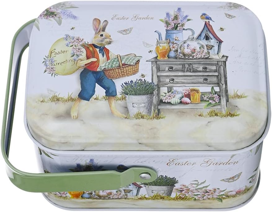 Easter Rabbit Metal Storage Tin with Handle (Style A) - 4.1" Vintage Garden Bunny Treat Box, Decorative Floral Tinplate Organizer for Easter Eggs