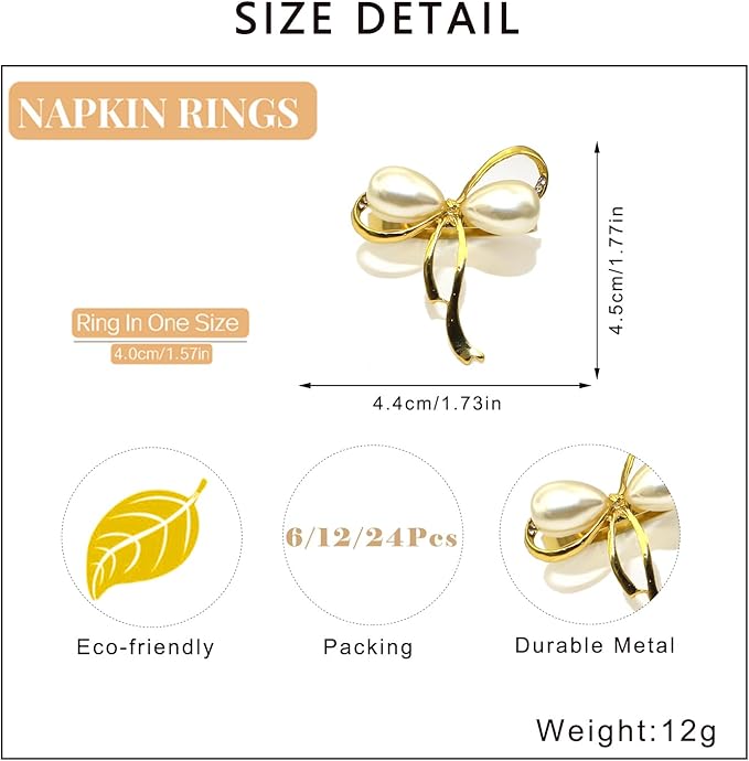 Gold Napkin Rings Set of 8 Pearl Bow Napkin Rings for Napkins,Rustic Napkin Ring Holders, Butterfly Knot Napkin Holders for Cloth Napkins,Christmas Bow Tie Napkin Ring for Dining Table Decor