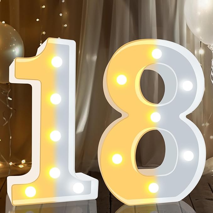 Pooqla 18th Birthday Decoration for Girls Boys, Decorative LED Light Up Numbers, Marquee Numbers 18 Sign for Party Backdrop 18th Wedding Anniversary Decor, Warm White and Cool White Number 18