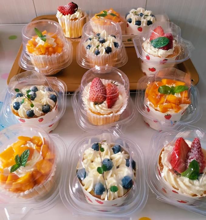 50 Pcs Cupcake Boxes Plastic Individual Cupcake Containers Single Cupcake Carrier with Connected Airtight Dome Lid for Party