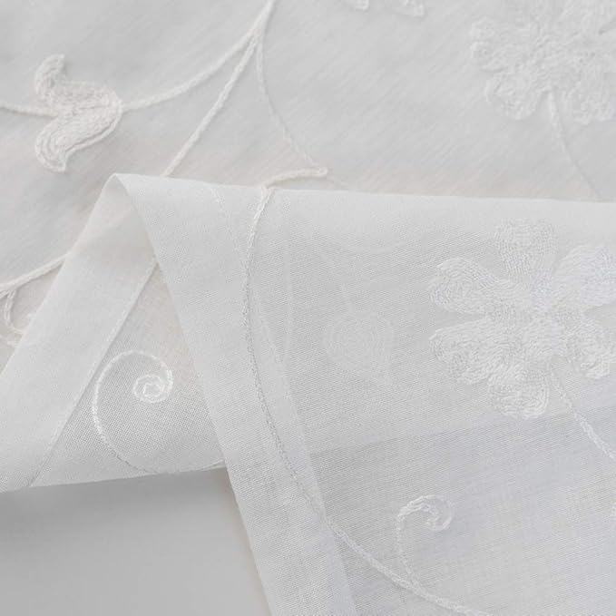 MYSTIC-HOME Embroidery White Sheer Curtains 84 Inches Long, Rod Pocket Sheer Drapes for Living Room, Bedroom, 2 Panels, 52"x84", Semi Crinkle Voile Window Treatments for Yard, Patio, Villa, Parlor.