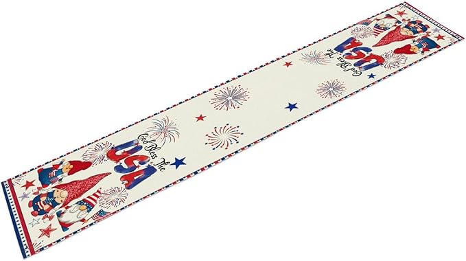 Cute Patriotic Gnomes Table Runner, American Independence Day 4th of July Gnome Blue Red Fireworks Confetti Print Table Runner for Home Kitchen Dining Table Party Decor, 13x120inch