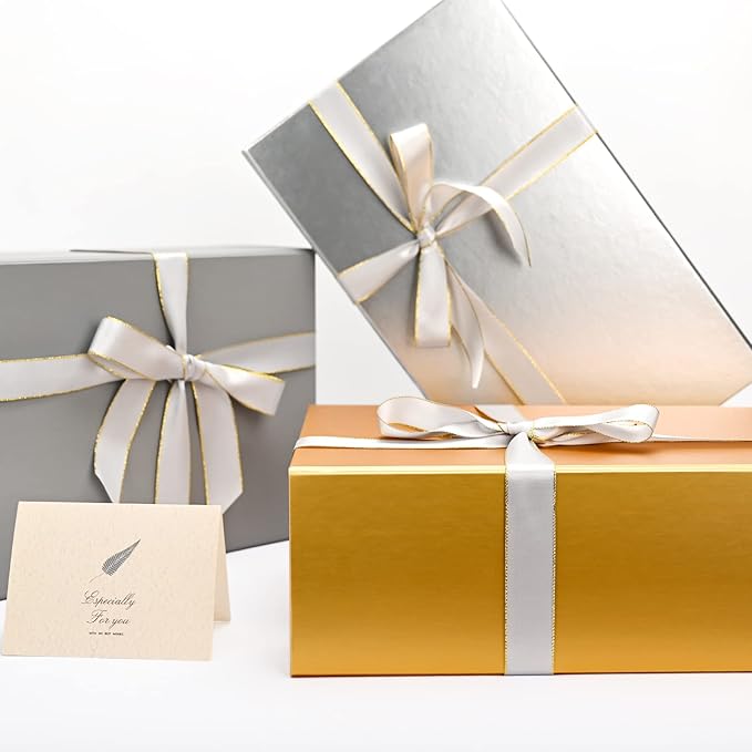 LIFELUM Gift Boxes with Lids,2 Pack 13.85 x 8.35 x 4.45 inch Gold Gift Boxes with Magnetic Lid and Ribbon, Card, Shredded Paper Filler Empty Gift Box for Christmas,Valentine's day,Birthdays