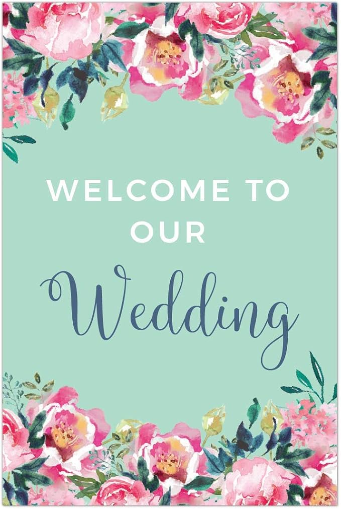 Andaz Press Extra Large Wedding Easel Board Party Sign, 12x18-inch, Tea Party Pink Peonies on Mint Green, Welcome to Our Wedding, 1-Pack