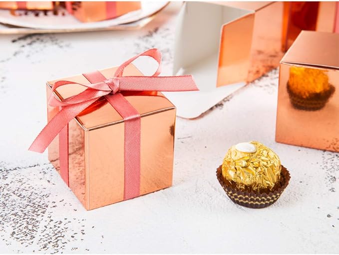 AWELL Rose Gold Gift Candy Box Bulk 2x2x2 inches with Vintage Pink Ribbon Party Favor Box,Pack of 50