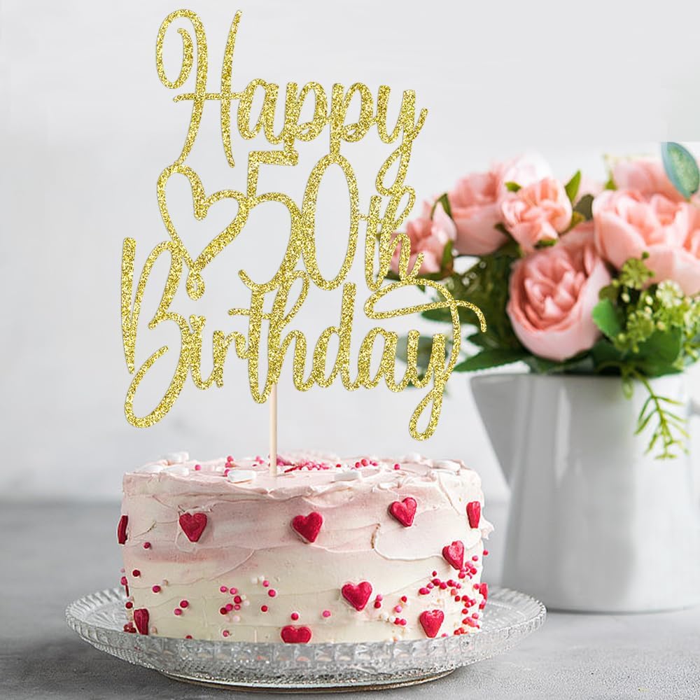Gold Glitter Happy 50th Birthday Cake Topper - Cheers to 50 Years Cake Topper, 50 & Fabulous Cake Decoration for Hello 50th Birthday Anniversary Party Cake Decorations Supplies