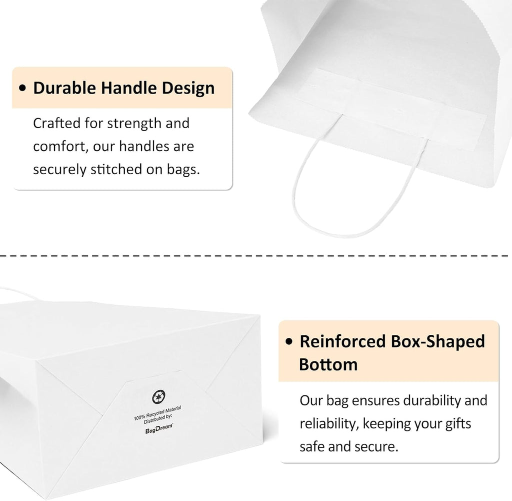 BagDream 25Pcs White Gift Bags 8x4.25x10.5 Kraft Paper for Gifts, Shopping Retail Merchandise Grocery Sacks, White Paper Bags with Handles Bulk Medium