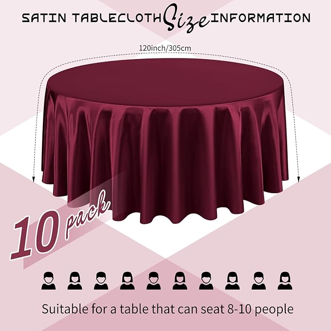 10 Packs Satin Tablecloth 120 Inch Burgundy Round Table Cloth Silk Tablecloth Smooth Fabric Overlay Satin Table Cover Decoration for Wedding Party Banquet Events