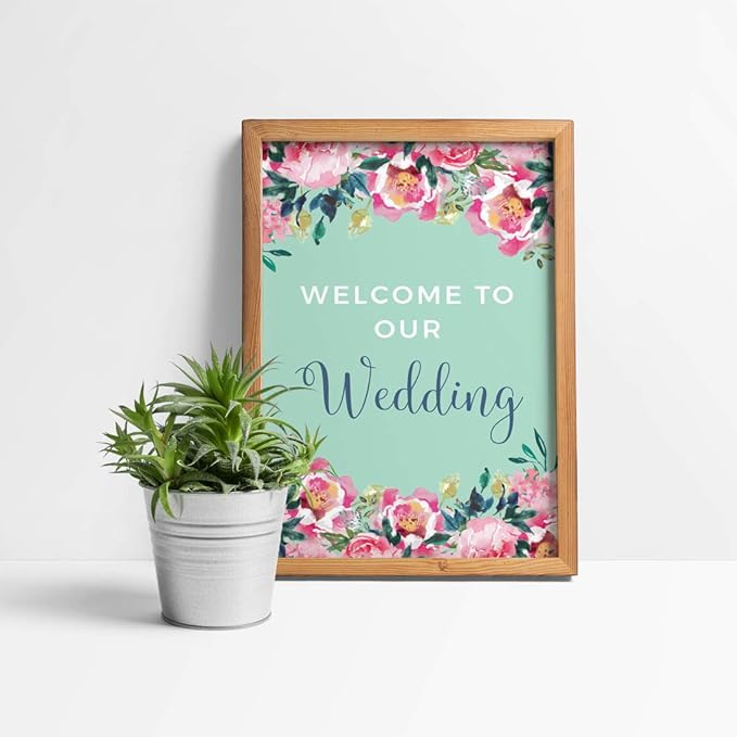 Andaz Press Extra Large Wedding Easel Board Party Sign, 12x18-inch, Tea Party Pink Peonies on Mint Green, Welcome to Our Wedding, 1-Pack