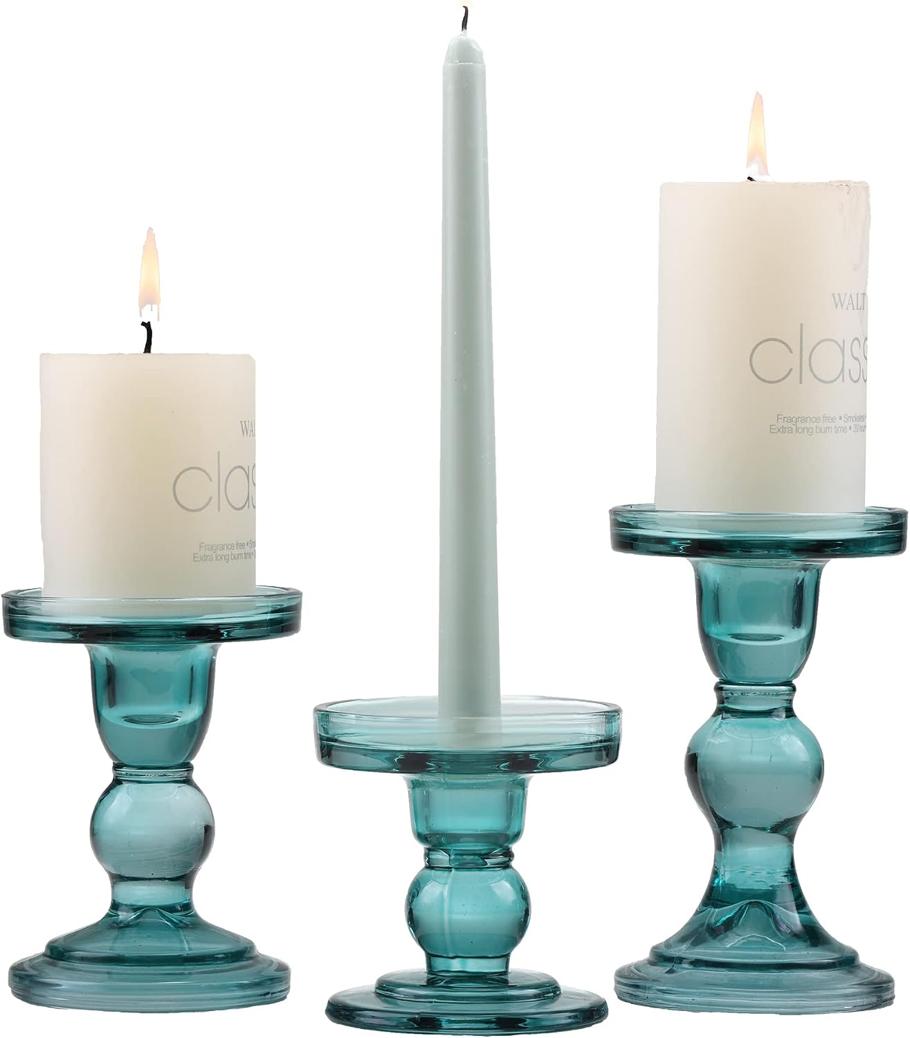 GMWD 3 Pcs Glass Candle Holder Set Clear, Green Candlesticks Holders Pillar Taper Candles Tealight Stand for Wedding Centerpieces Home Decorations Dining Table