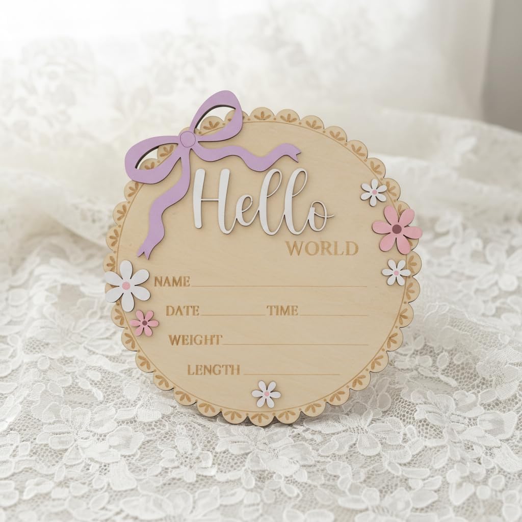 Hello World Wooden Baby Birth Announcement Sign, Pink Floral Newborn Name Date Time Weight Length Board, Baby Girl Nursery Decor Photo Prop Keepsake (Light purple ribbon)