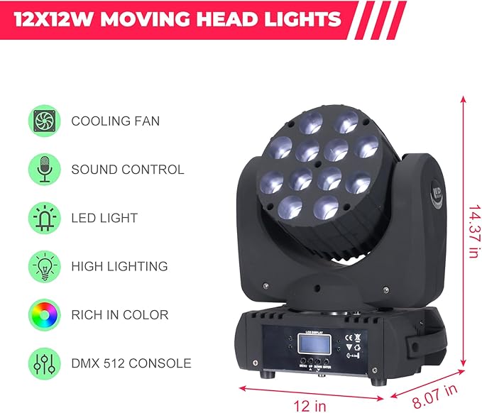 Moving Head Light Beam Wash 12x12W LED Stage Lighting RGBW 4in1 Professional DMX 512 Strobe Effect Sound Activated DJ Lights for DJ Night Clubs Disco KTV Bar Show (2 Pack)