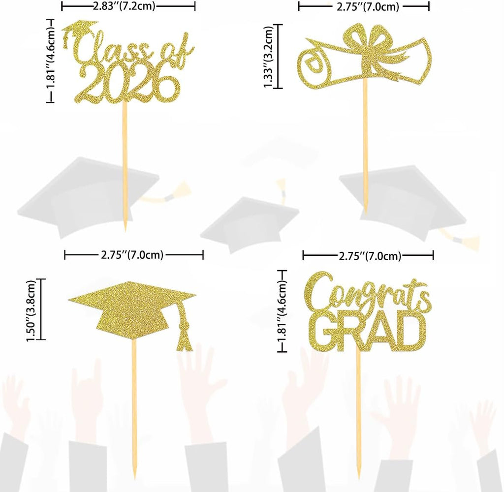 2026 Graduation Theme Cupcake Toppers Glitter Class of 2026 Graduation Cap Diploma Cupcake Picks - Set of 24 (Gold)