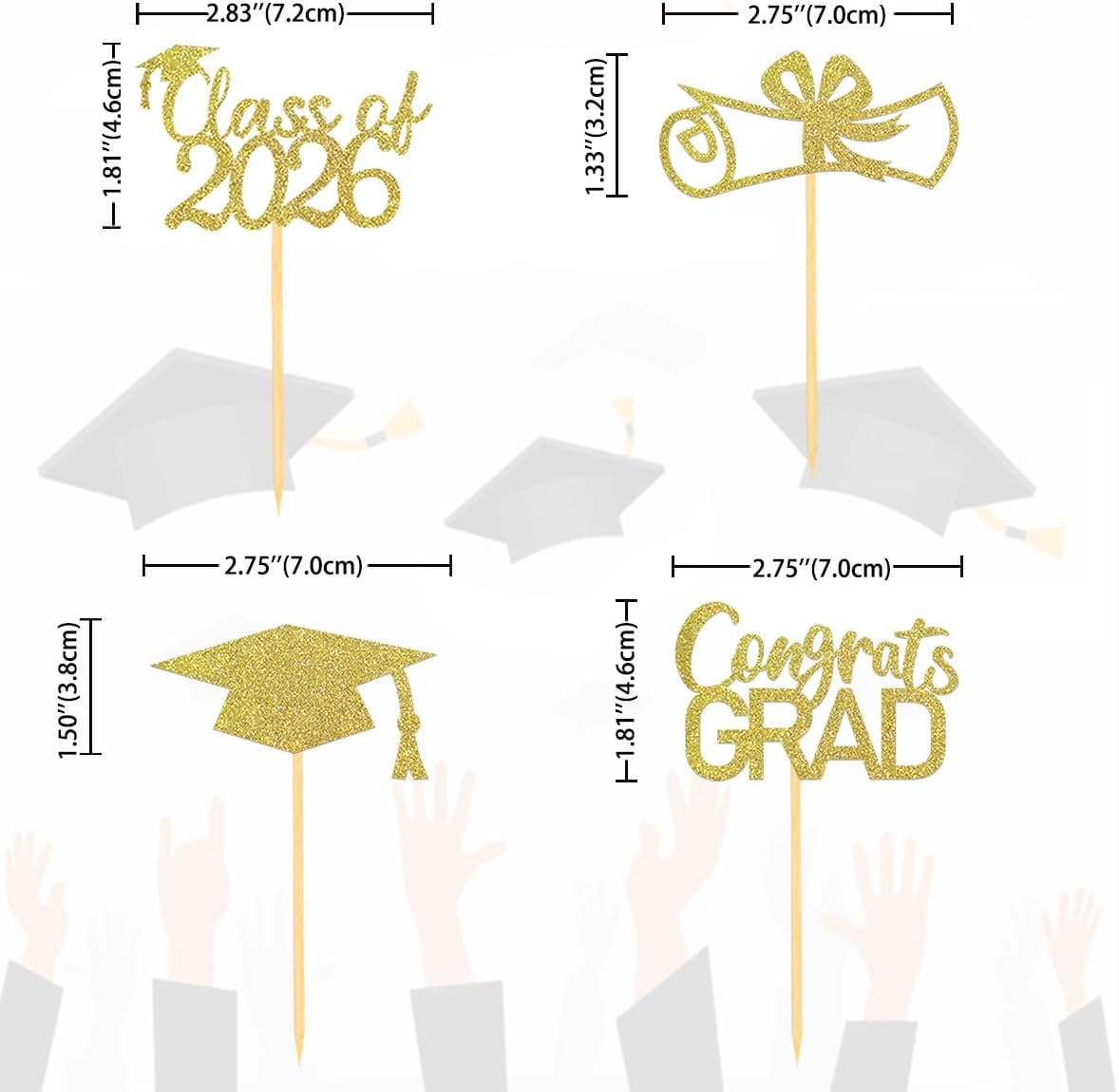 2026 Graduation Theme Cupcake Toppers Glitter Class of 2026 Graduation Cap Diploma Cupcake Picks - Set of 24 (Gold)