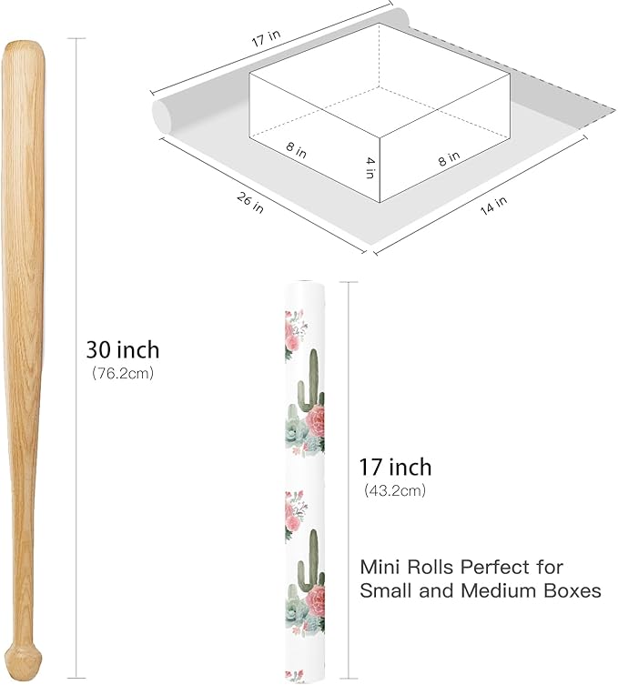 RUSPEPA Cactus Floral Wrapping Paper Roll, Mini Roll, Elegant Cacti and Roses Design, Soft Pink and Green Gift Wrap for Wedding, Birthdays, Baby Shower, Spring and Summer Party, 17 Inches x 16.4 Feet