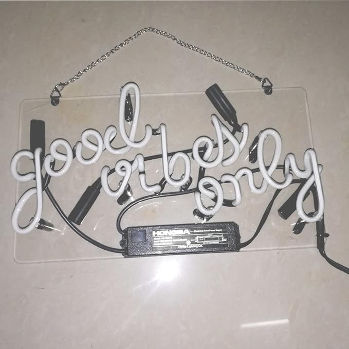 LiQi ™ ' GOOD VIBES ONLY' Real Glass Handmade Neon Wall Signs for Room Decor Home Bedroom Girls Pub Hotel Beach Cocktail Recreational Game Room （14" x 8",RED）