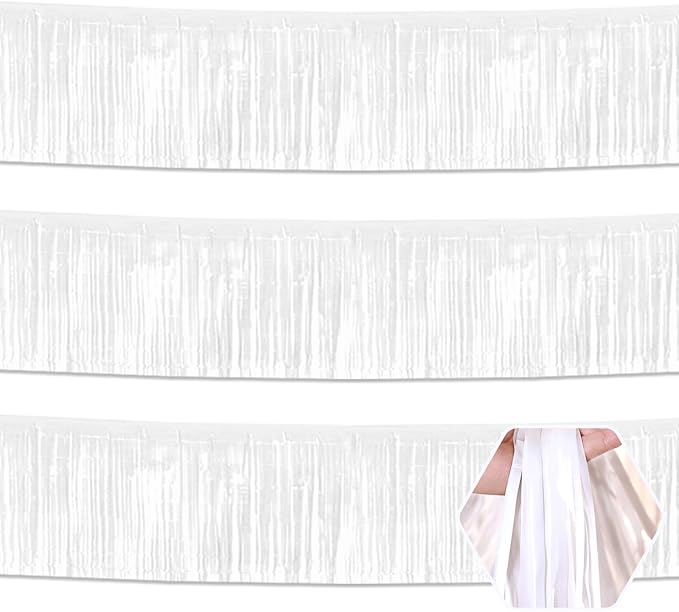 3 Pack 10 Feet White Foil Fringe Garland Metallic Tinsel Streamers Banner Wall Hanging Curtain Backdrop for Parade Floats, Christmas Day, Valentine's Day, Thanksgiving, Birthday Party Decorations