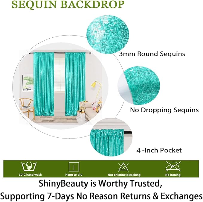 ShinyBeauty Sequin Backdrop 4x10ft Teal Sequin Curtains 2 Panels Wedding Drapes Glitter Backdrop Curtains for Parties Photography Background (4FTx10FTx2PC, Teal)