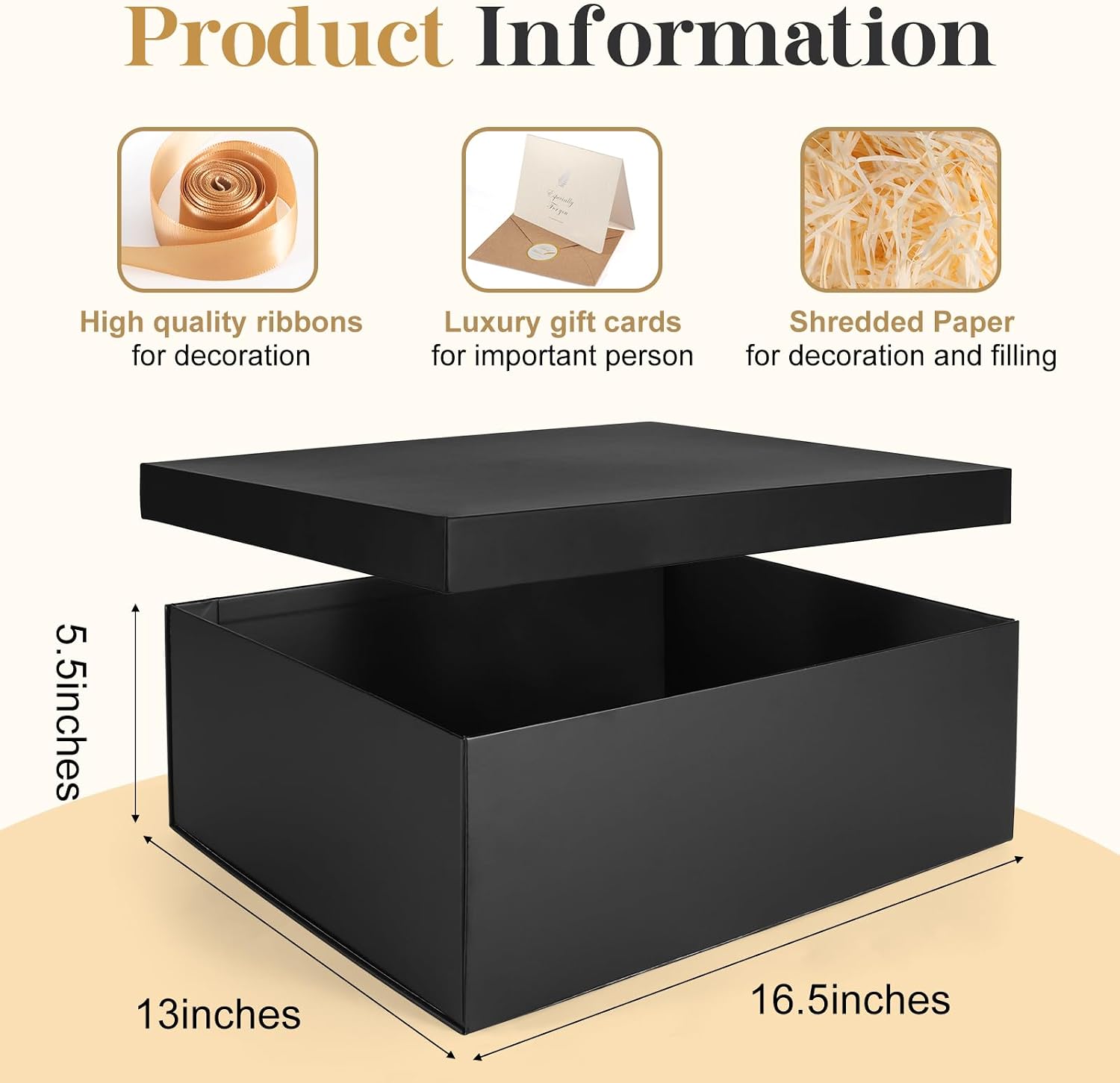 Gift Box, 16.5x13x5.5 inches Large Black Gift Boxes with Lids for Presents | Birthday Box Contains Card Ribbon Shredded Paper Filler, Gift Wrap Boxes for Valentine Mother's Day Christmas Anniversary