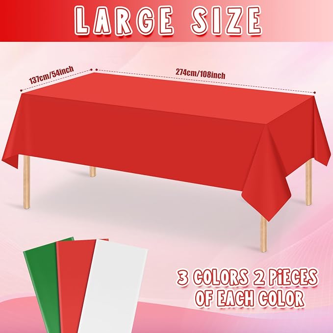 MASHAN 6 Pack Christmas Tablecloth Bulk, Red White Green Disposable Tablecloths, Rectangle Italy Theme Table Covers for Christmas Family Gathering Dining and Italian Party Decoration,54 x 108 Inch