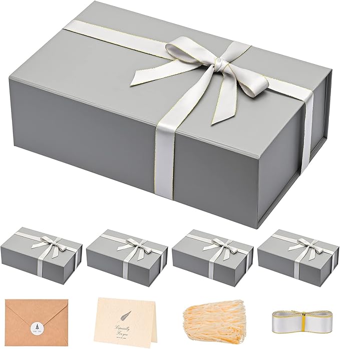 LIFELUM Large Gift Box,13.85 x 8.35 x 4.45 inch Grey Gift Box Set of 5 with Magnetic Lid for Presents with Ribbon,Card,Shredded Paper Filler Gift for Mom Valentine's Day,Christmas Presents