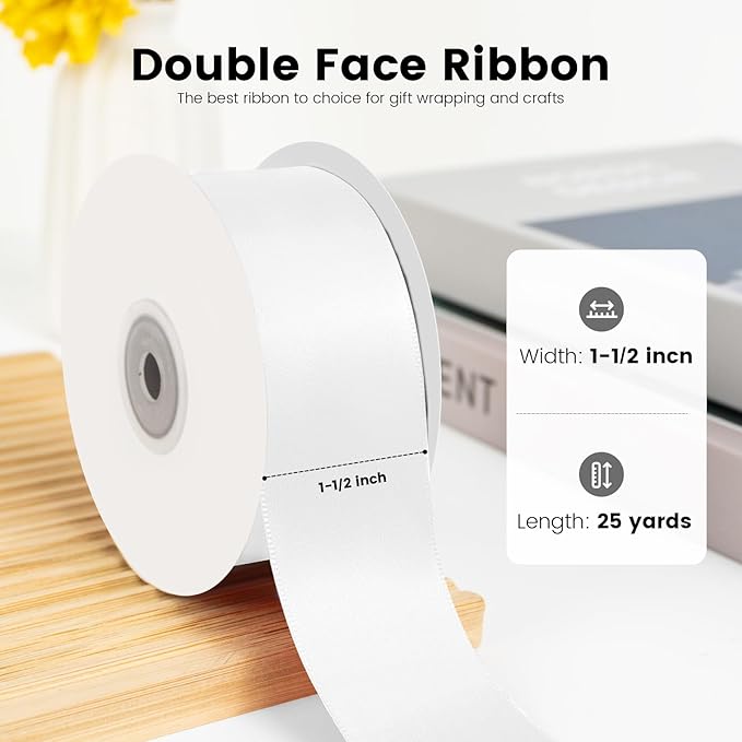 Double Face White Satin Ribbon 1-1/2 inch X 25 Yards Polyester White Ribbon for Wedding Decor, Wreath, Gift Package Wrapping and Other Projects