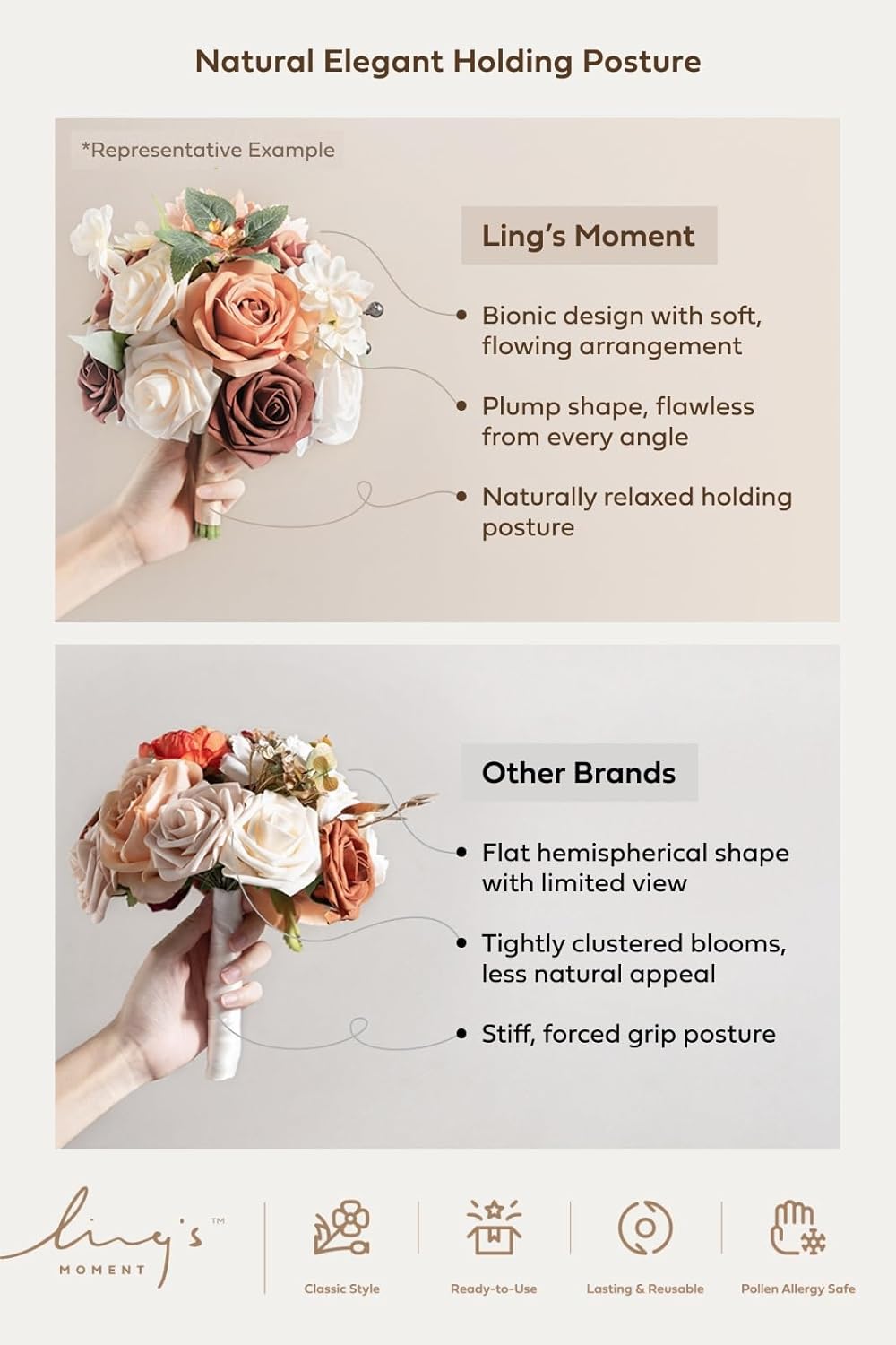 Ling's moment Artificial Flowers Powder Pink Cream Bridesmaid Bouquet 4 Pcs | Pink Wedding Flowers, 7 Inch Bridal Bouquets, For Bridesmaids