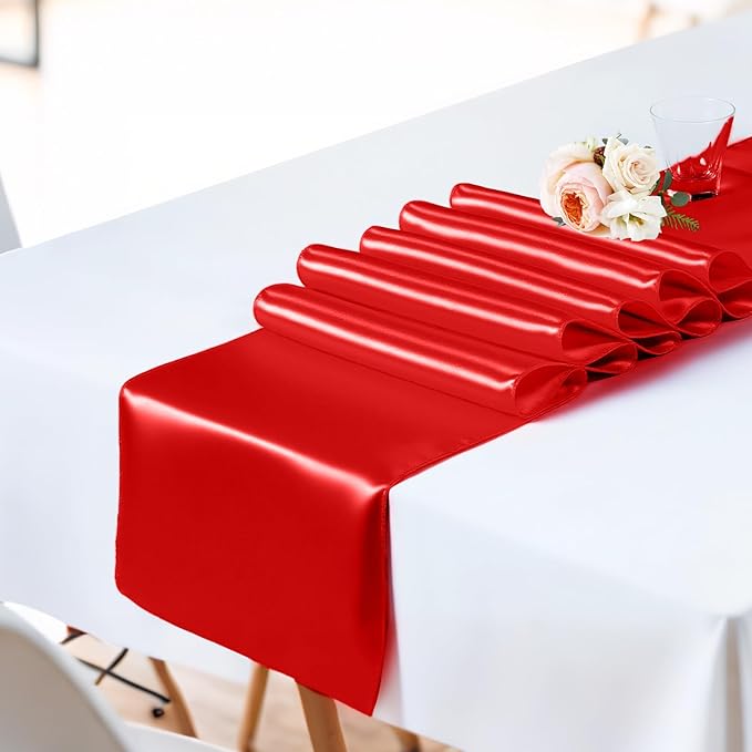 SHEJIZE 10 Pack Red Satin Table Runner 12x108 Inches Long, Bright Silky Smooth Satin Table Runner Table Decor for Wedding Banquet Christmas Prom Event Birthday Party