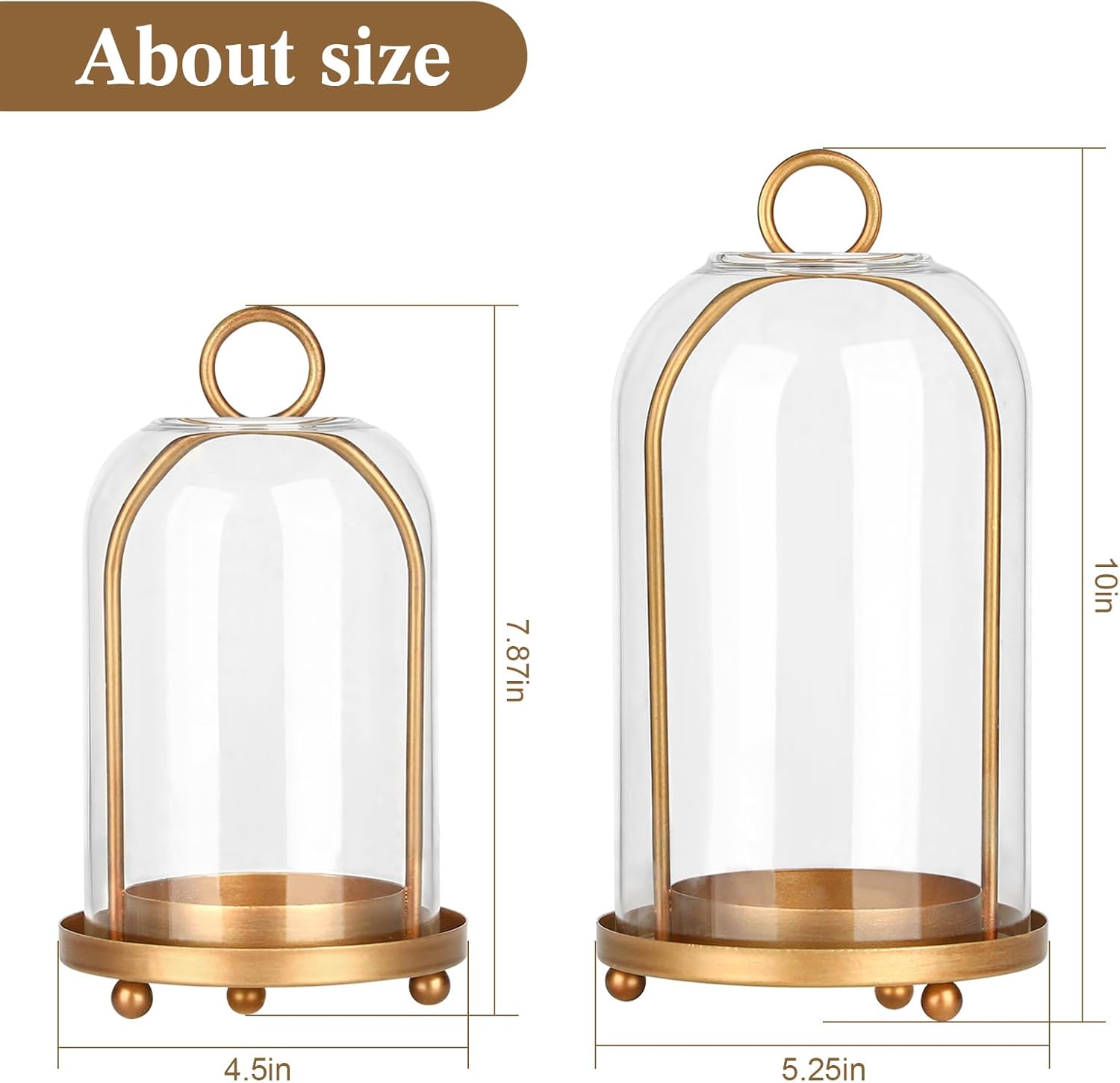 Vintage Brass Metal Candle Lantern with Thick Glass Dome – Set of 2 Shabby Chic Style Candle Holders (5.25"x10" & 4.5"x7.87") – Hanging or Tabletop Decor for Pillar Candles, Plants