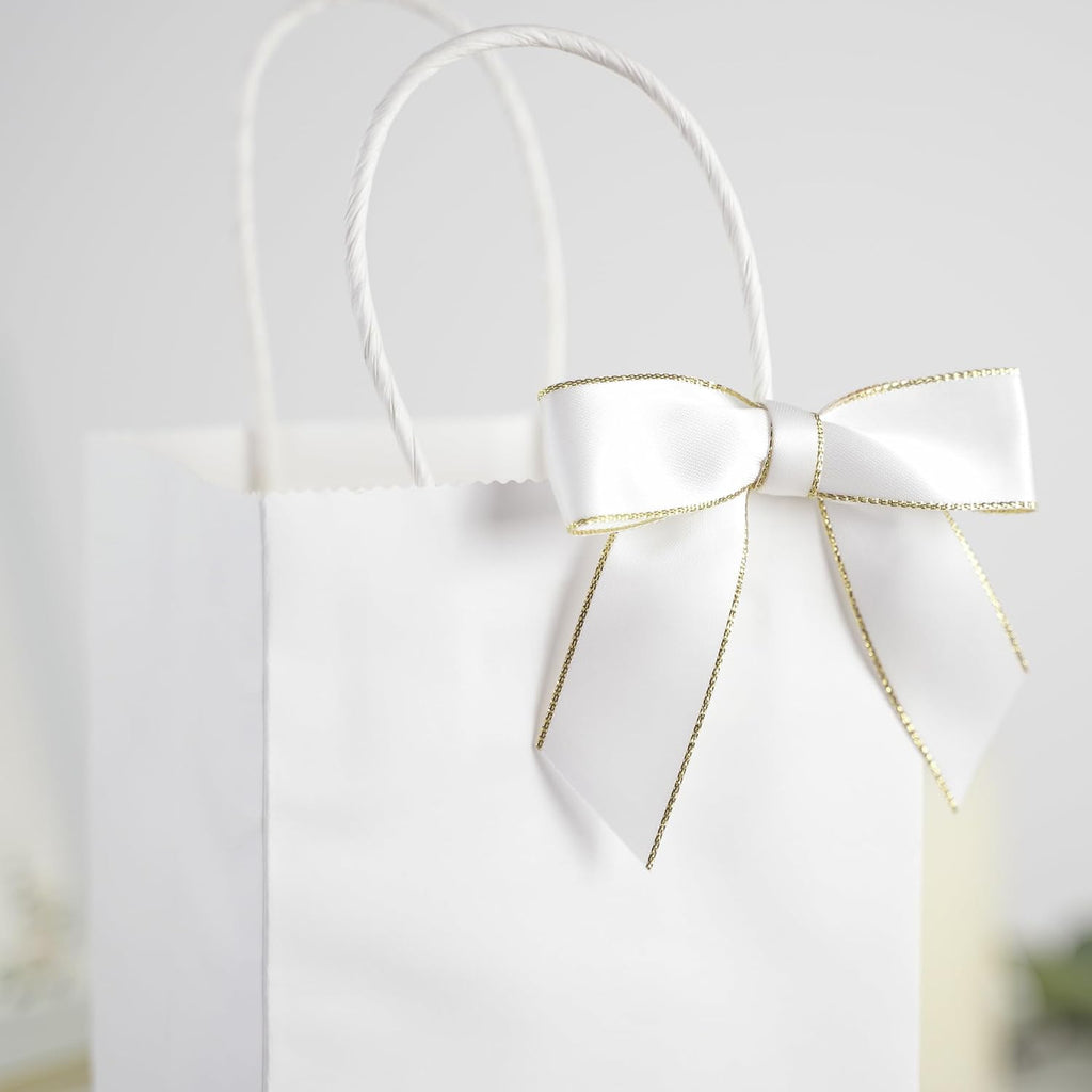 AIMUDI White Bows 3.5" Satin Twist Tie Bows Premade Ribbon Bows with Gold Edge Pretied Bows for Treat Bags, Cake Pop, Crafts, Wedding Favors, Gift Wrapping, Baby Shower, Apple Candy- 50 Counts