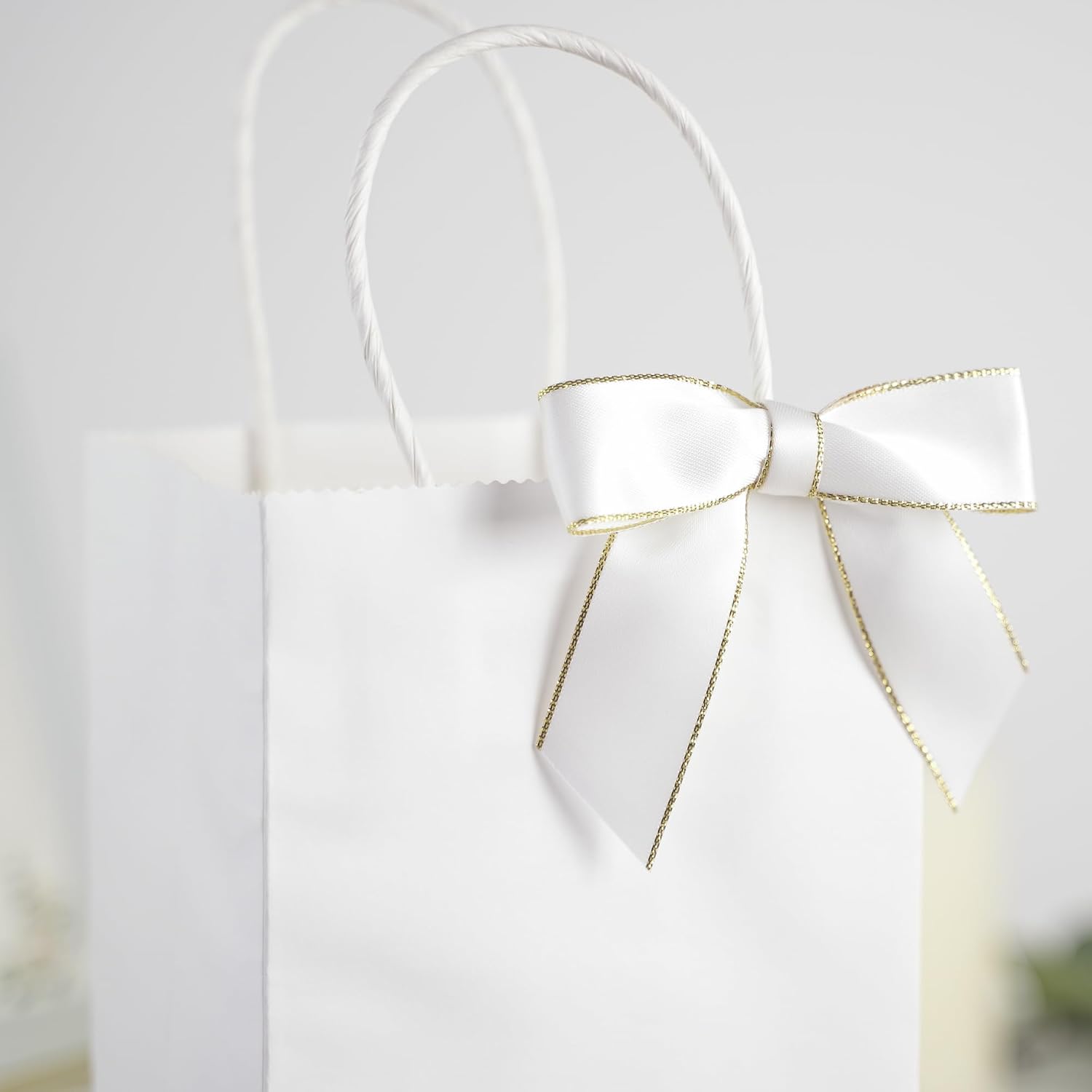 AIMUDI White Bows 3.5" Satin Twist Tie Bows Premade Ribbon Bows with Gold Edge Pretied Bows for Treat Bags, Cake Pop, Crafts, Wedding Favors, Gift Wrapping, Baby Shower, Apple Candy- 50 Counts