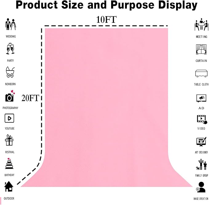 10x20FT Large Pink Backdrop Background for Photography Photo Booth Backdrop for Photoshoot Background Screen Video Recording Parties Curtain