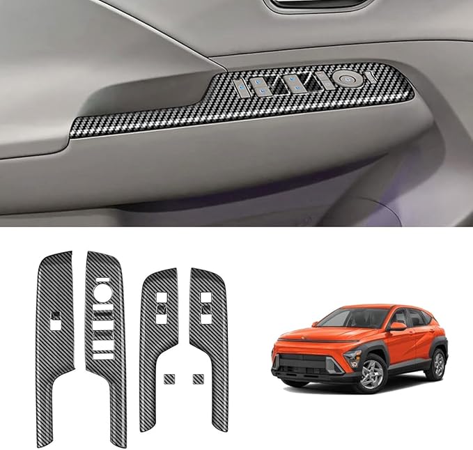 4pcs Carbon Fiber Style Front Rear Doors Window Glass Lift Switch Panel Cover Decorative Sticker Protection Car Interior Accessories for 2024-2025 Hyundai KONA KT21