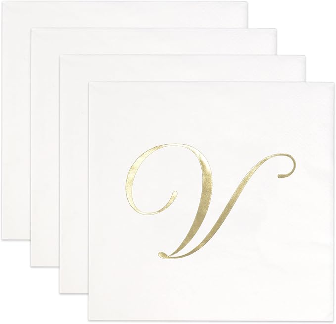 Gift Boutique 100 Gold Monogram Cocktail, Letter V Disposable Paper Pack Elegant Metallic Golden Foil Hand Napkin for Powder Room Wedding Holiday Birthday Party Baby Shower Decorative Towels