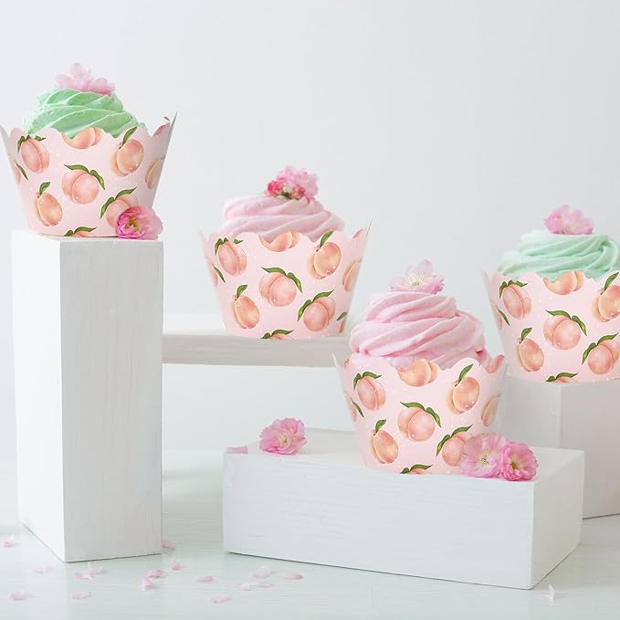 Whaline 36Pcs Peach Cupcake Wrappers Watercolor Pink Peach Cupcake Liners Decorative Cupcake Holders for Summer Baby Shower Party Cake Decoration