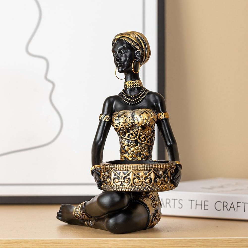 African Tribal Woman Statue Resin Figurine Candlestick Art Sculpture Home Decor Exotic Decor for Living Room Office Storage (A)