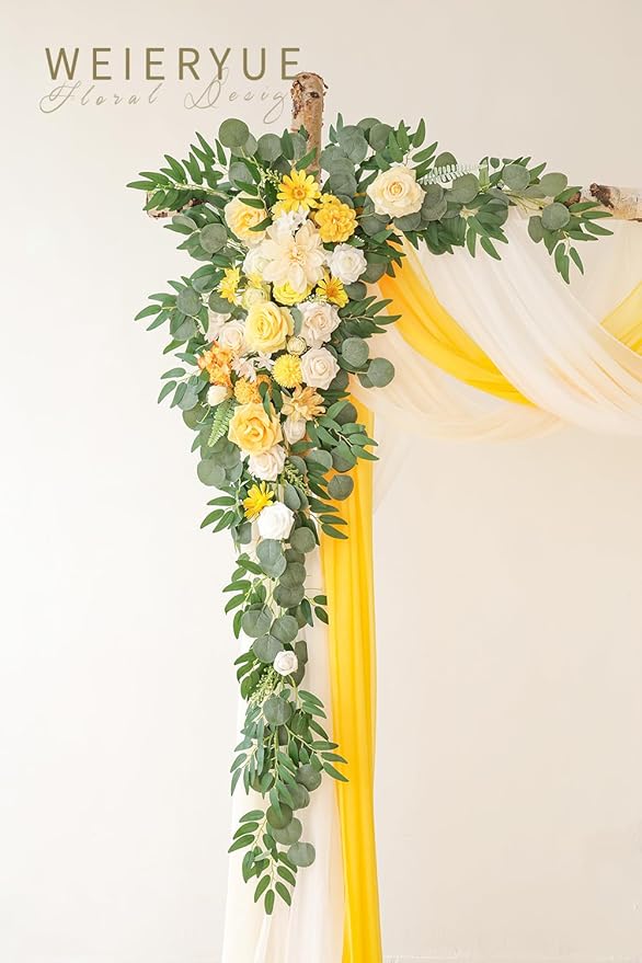 Deluxe Yellow Artificial Wedding Arch Flowers with Drapes Kit-Pack of 5, 2pcs Flower Arrangements 3pcs Hanging Sheer Drapes Yellow Ceremony Arbor Reception Backdrop Rose Floral Decorations.