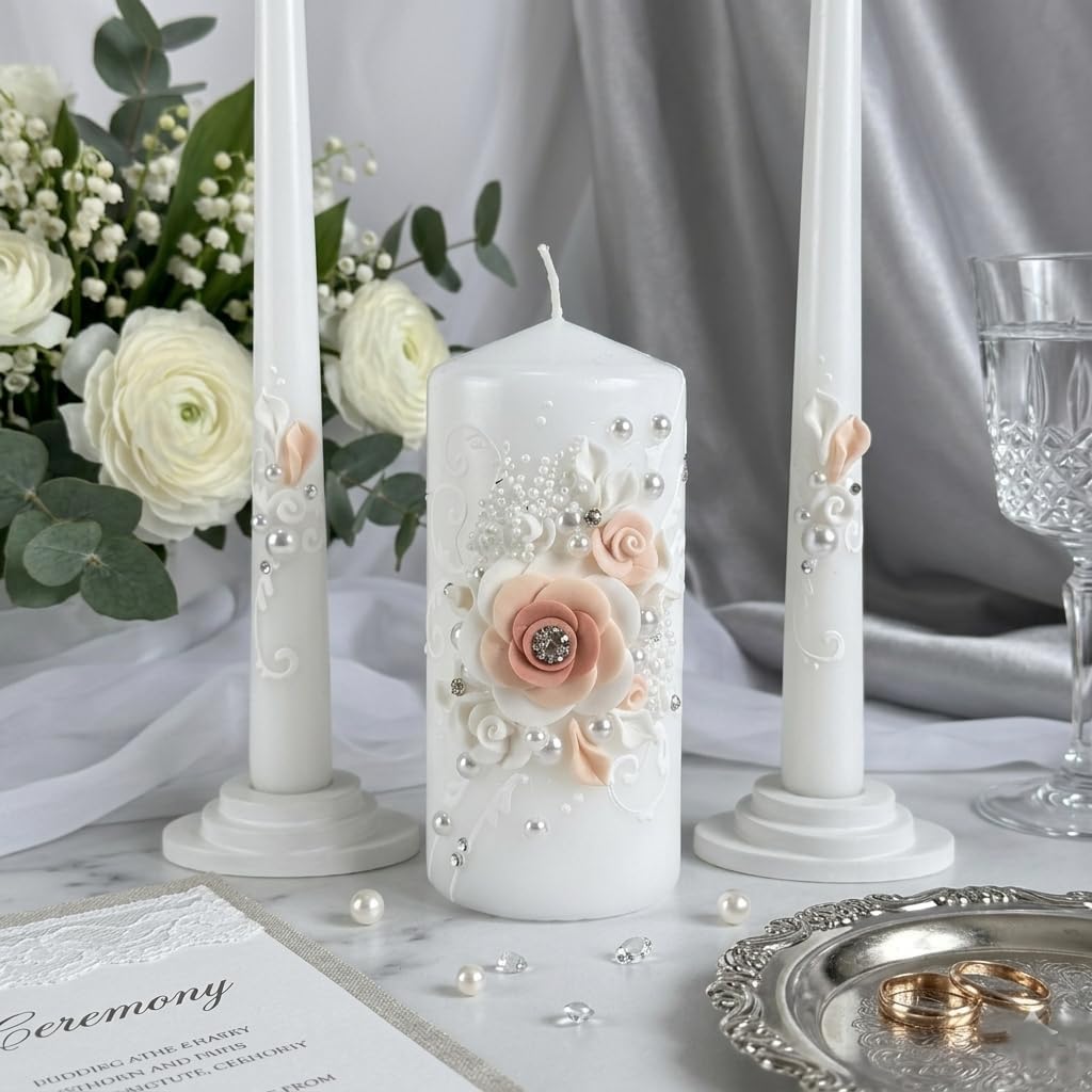 Unity Candle Set - Wedding Ceremony & Reception – 6” Pillar & Two 10” Taper Candles – Long Burning Unity Candles for Marriage Ritual – Handmade in USA – White | Rose