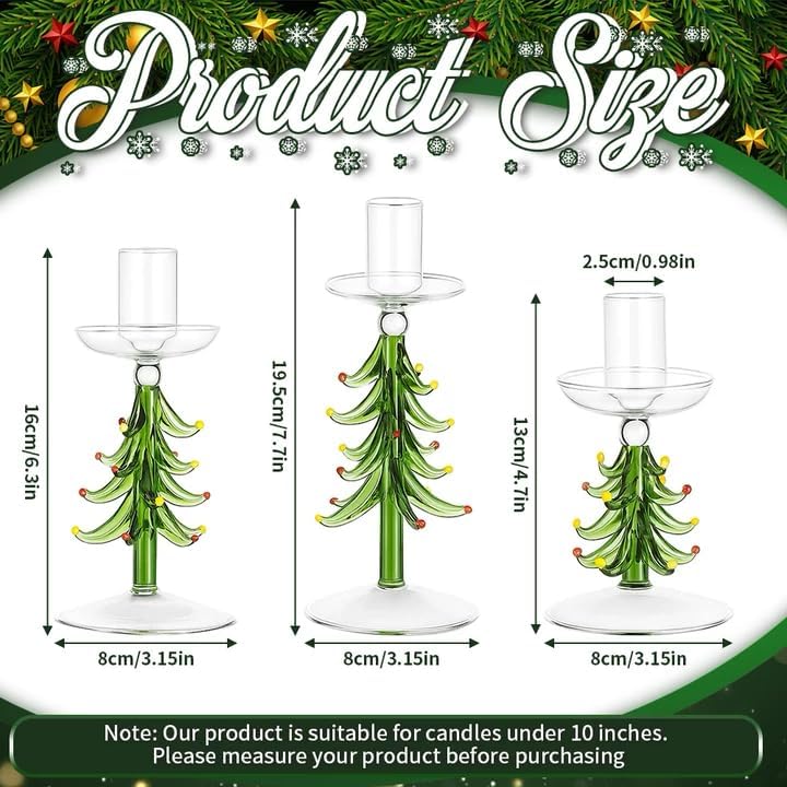 3Pcs Christmas Tree Candle Holder Christmas Taper Candlesticks Holders Green Glass Table Centerpieces Decoration for Xmas Party Wedding Mantel Decor