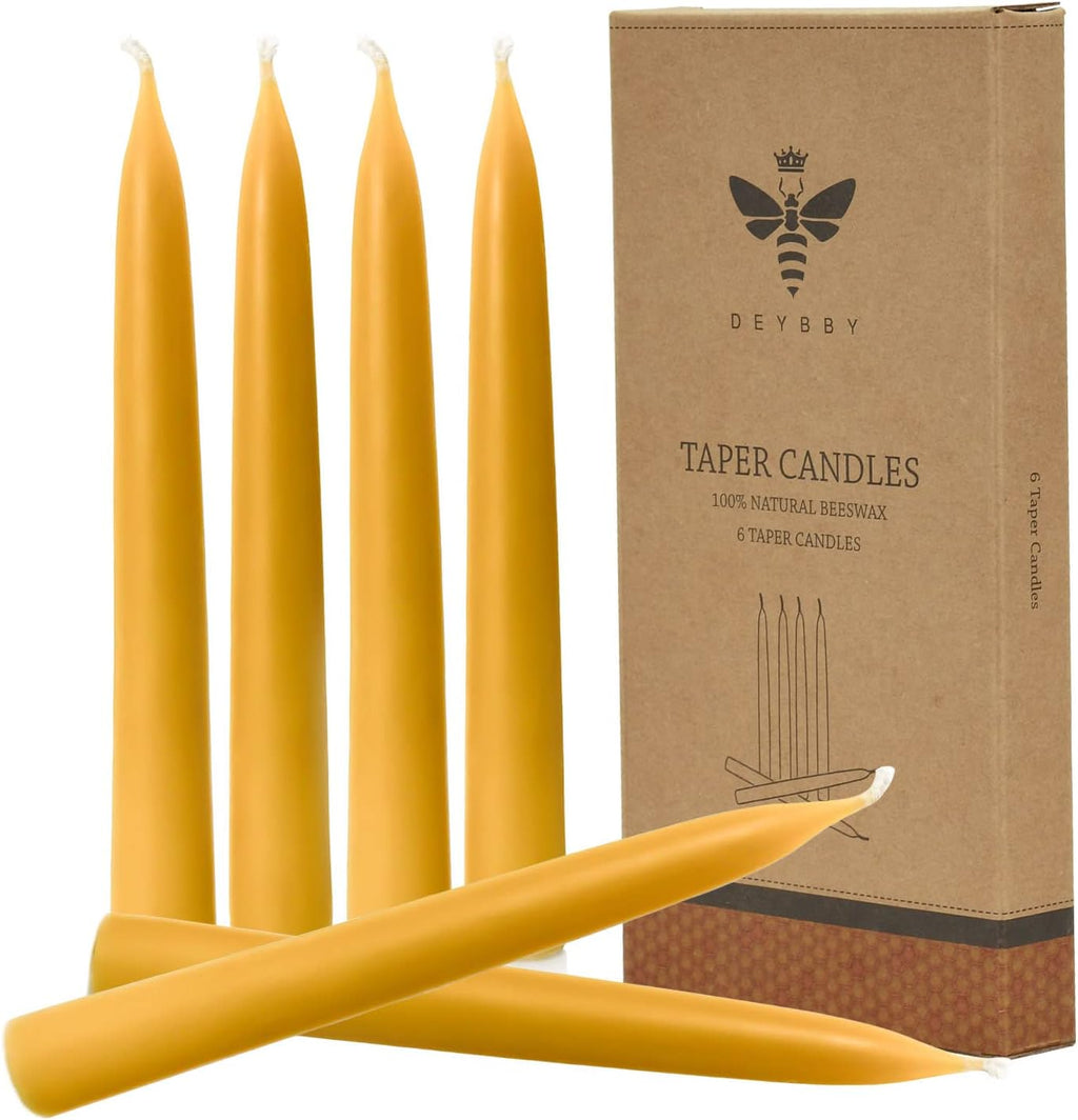 8 inch Natural Beeswax Taper Candles Set of 6, DEYBBY Smokeless and Dripless Organic Natural Beeswax Candles for Home Dinner Decor Emergency Housewarming Gift, Long Lasting Burning, Nontoxic